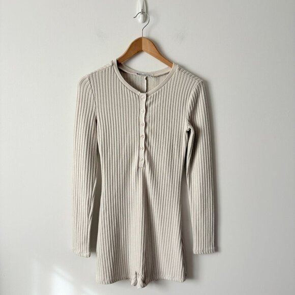 Zara Ribbed Knit Long Sleeve Jumpsuit Romper Cream Blogger Fav Sz Medium - Picture 8 of 11